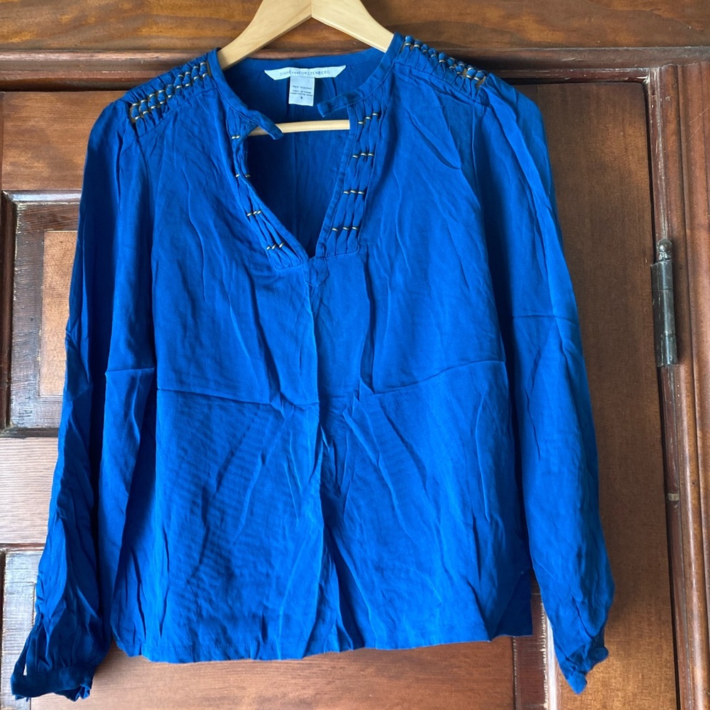 Diane Von Furstenberg Royal Blue Embellished Split-Neck Blouse